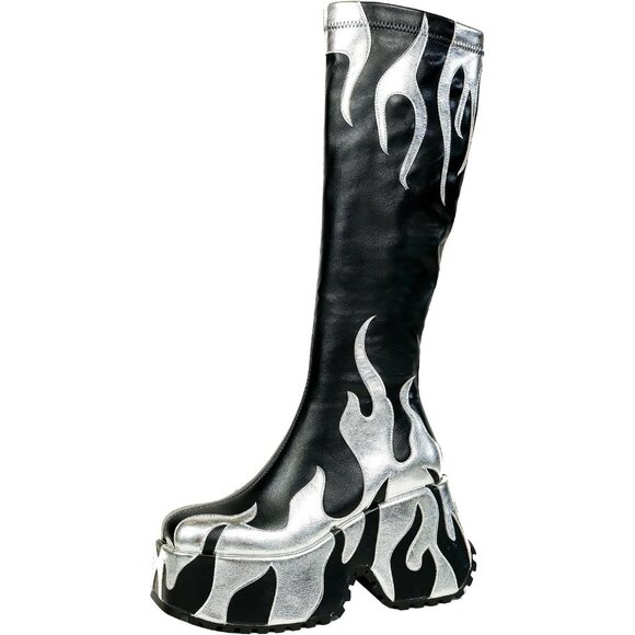 Women’s Synthetic Black Side Zipper High Heeled Flames Printing Chunky Sole Boot - Picture 1 of 6